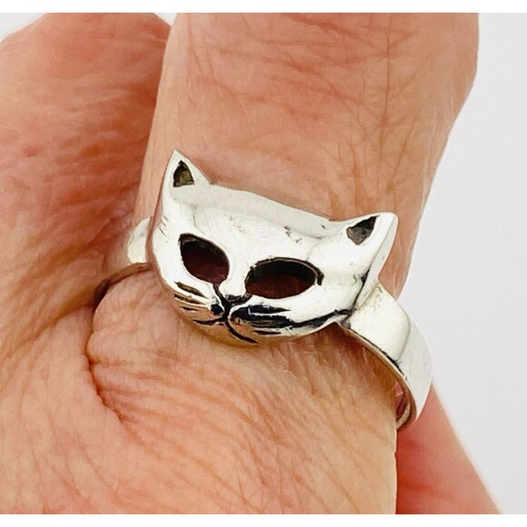 Vintage Peter Stone PSCL Sterling Silver Cat Mask Ring Size 9 - Picture 2 of 4